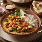 A vibrant bowl of vegan curry featuring chickpeas, spinach, and coconut milk, garnished with fresh cilantro and served with rice.