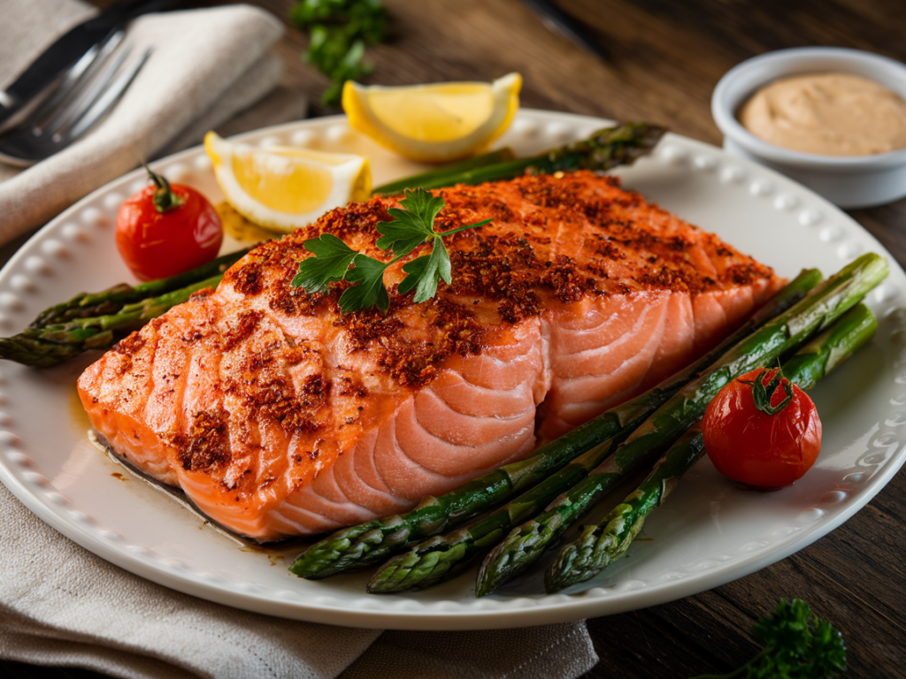 A beautifully baked Cajun salmon fillet on a parchment-lined tray, garnished with fresh parsley and lemon wedges, surrounded by roasted vegetables.