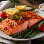 A beautifully baked Cajun salmon fillet on a parchment-lined tray, garnished with fresh parsley and lemon wedges, surrounded by roasted vegetables.