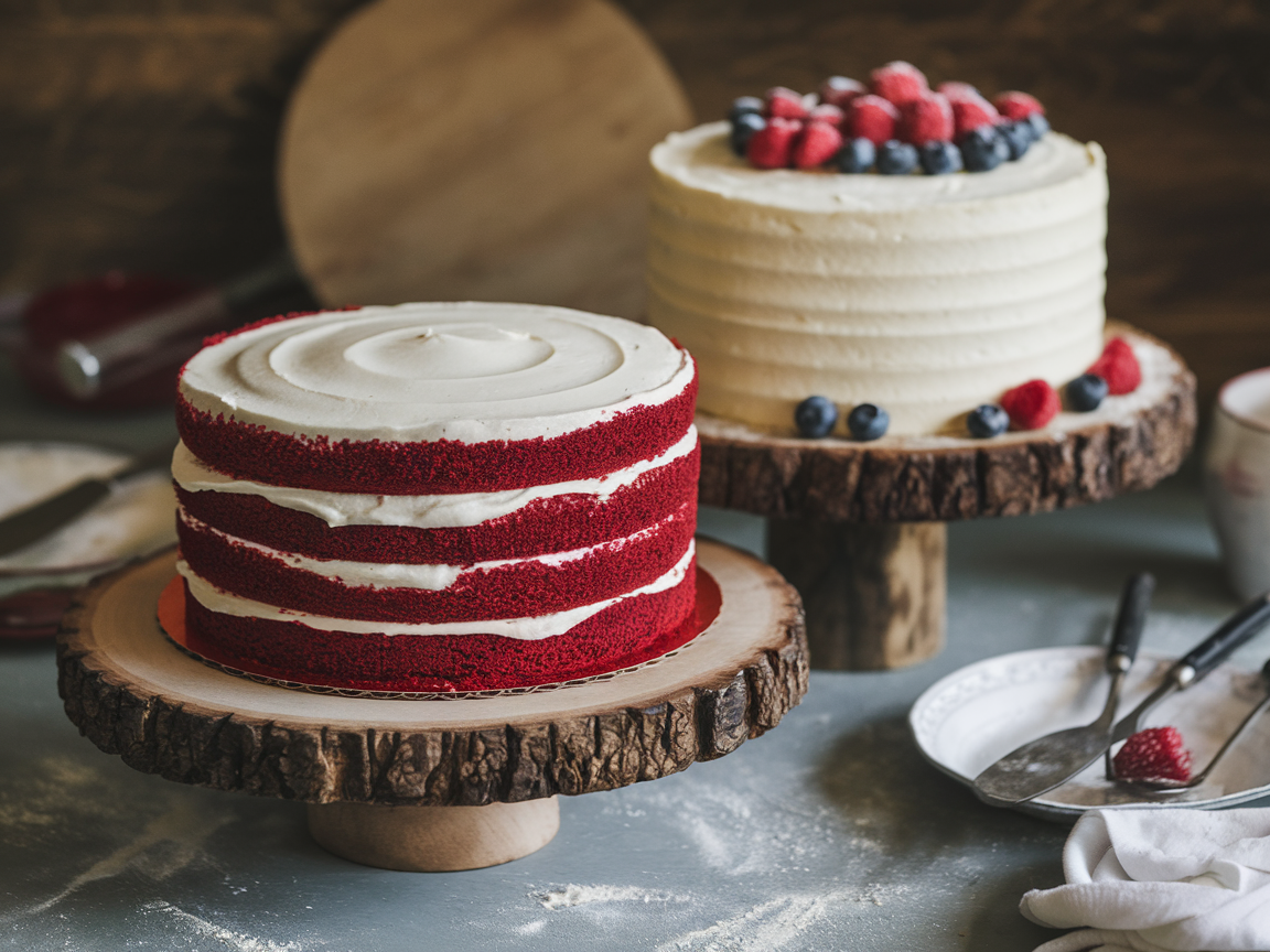 A slice of red velvet cake topped with cream cheese frosting, showcasing its soft, velvety texture and vibrant color.