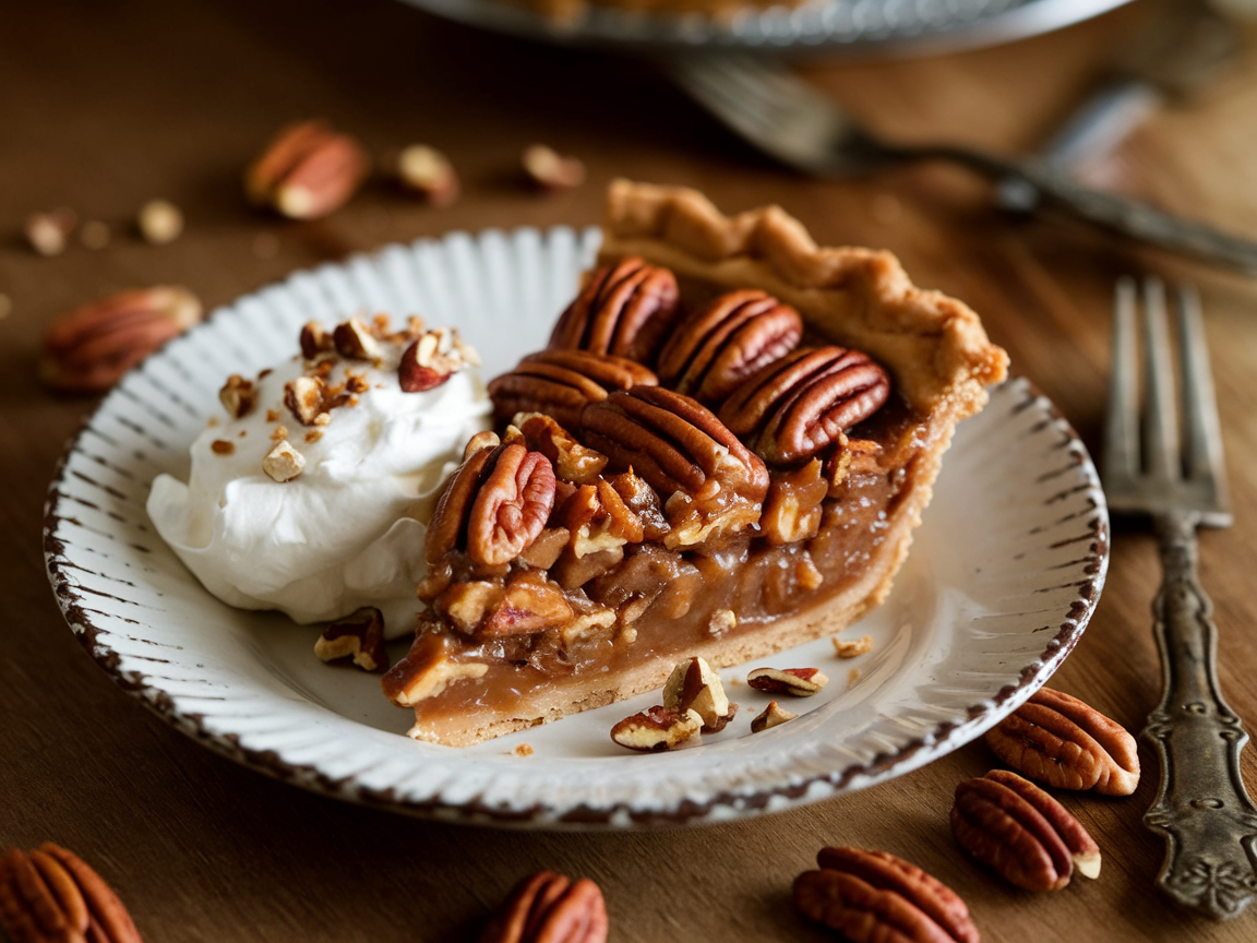 A freshly baked pecan pie with a golden, flaky crust, topped with glossy, caramelized pecans, and served with a dollop of whipped cream.