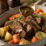 A ladle pouring rich, brown gravy over mashed potatoes, with steam rising for a warm, comforting feel. AA perfectly cooked pot roast with tender, juicy beef, surrounded by carrots, potatoes, and fresh herbs in a rich, flavorful gravy.