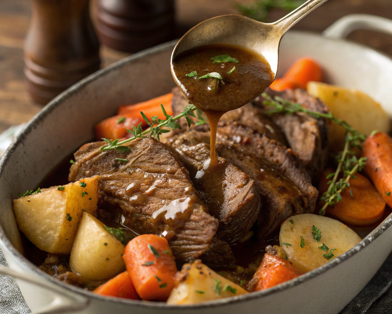 A ladle pouring rich, brown gravy over mashed potatoes, with steam rising for a warm, comforting feel. AA perfectly cooked pot roast with tender, juicy beef, surrounded by carrots, potatoes, and fresh herbs in a rich, flavorful gravy.