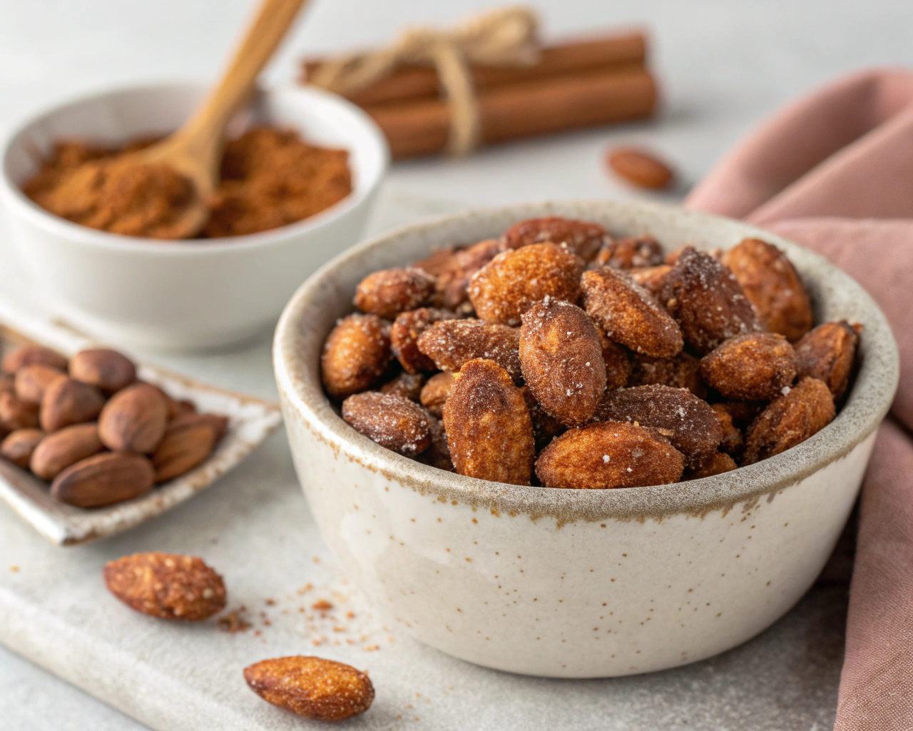 A bowl of homemade cinnamon almonds, coated in a light dusting of cinnamon and coconut sugar, served on a wooden table with a cinnamon stick beside them.