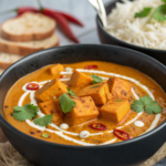 A bowl of creamy vegan butternut squash curry with chickpeas, garnished with fresh cilantro, served alongside fluffy basmati rice and naan on a wooden table.