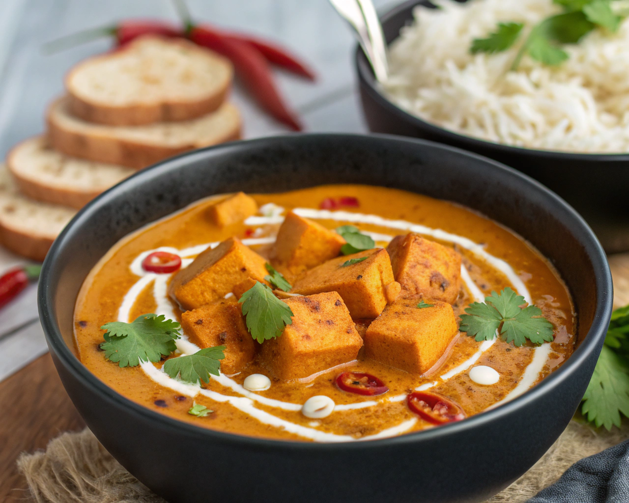 A bowl of creamy vegan butternut squash curry with chickpeas, garnished with fresh cilantro, served alongside fluffy basmati rice and naan on a wooden table.