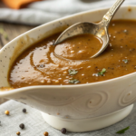 A ladle pouring rich, brown gravy over mashed potatoes, with steam rising for a warm, comforting feel.