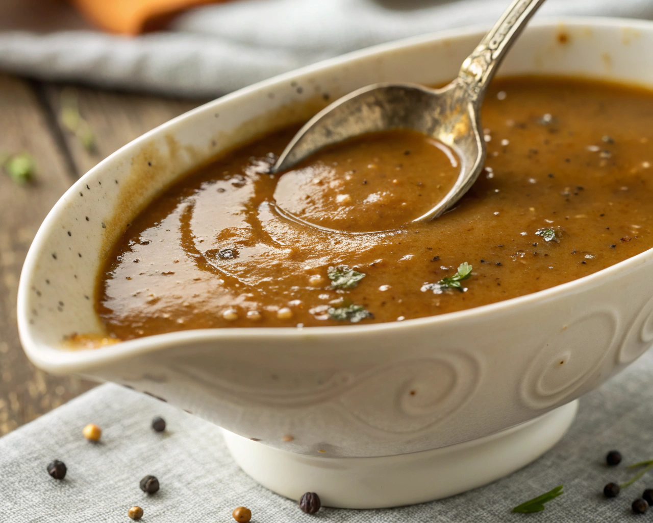 A ladle pouring rich, brown gravy over mashed potatoes, with steam rising for a warm, comforting feel.