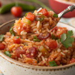 A bowl of authentic Mexican rice with a rich red hue, garnished with fresh cilantro, served alongside lime wedges and a plate of tacos.