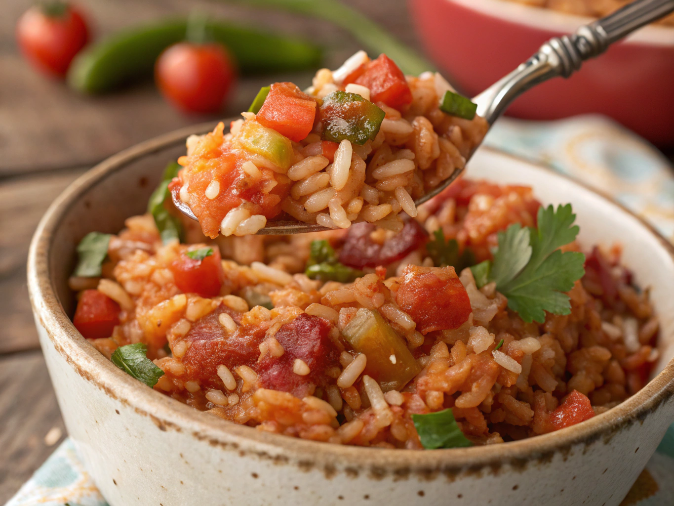 A bowl of authentic Mexican rice with a rich red hue, garnished with fresh cilantro, served alongside lime wedges and a plate of tacos.