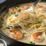 A plate of creamy Shrimp Alfredo pasta with plump shrimp, fettuccine, and a rich Parmesan sauce, garnished with parsley.