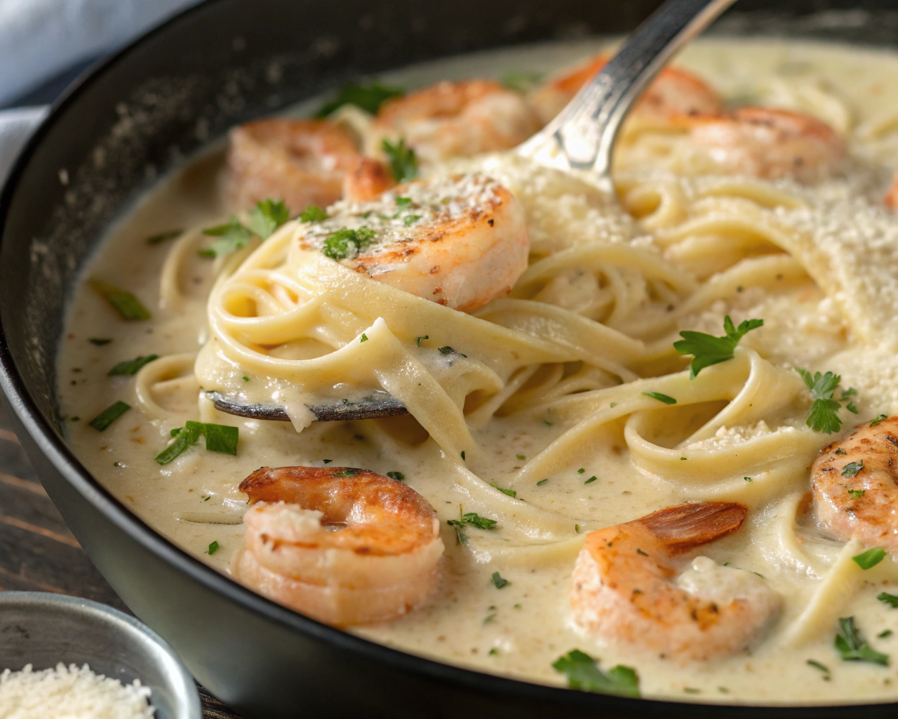 A plate of creamy Shrimp Alfredo pasta with plump shrimp, fettuccine, and a rich Parmesan sauce, garnished with parsley.