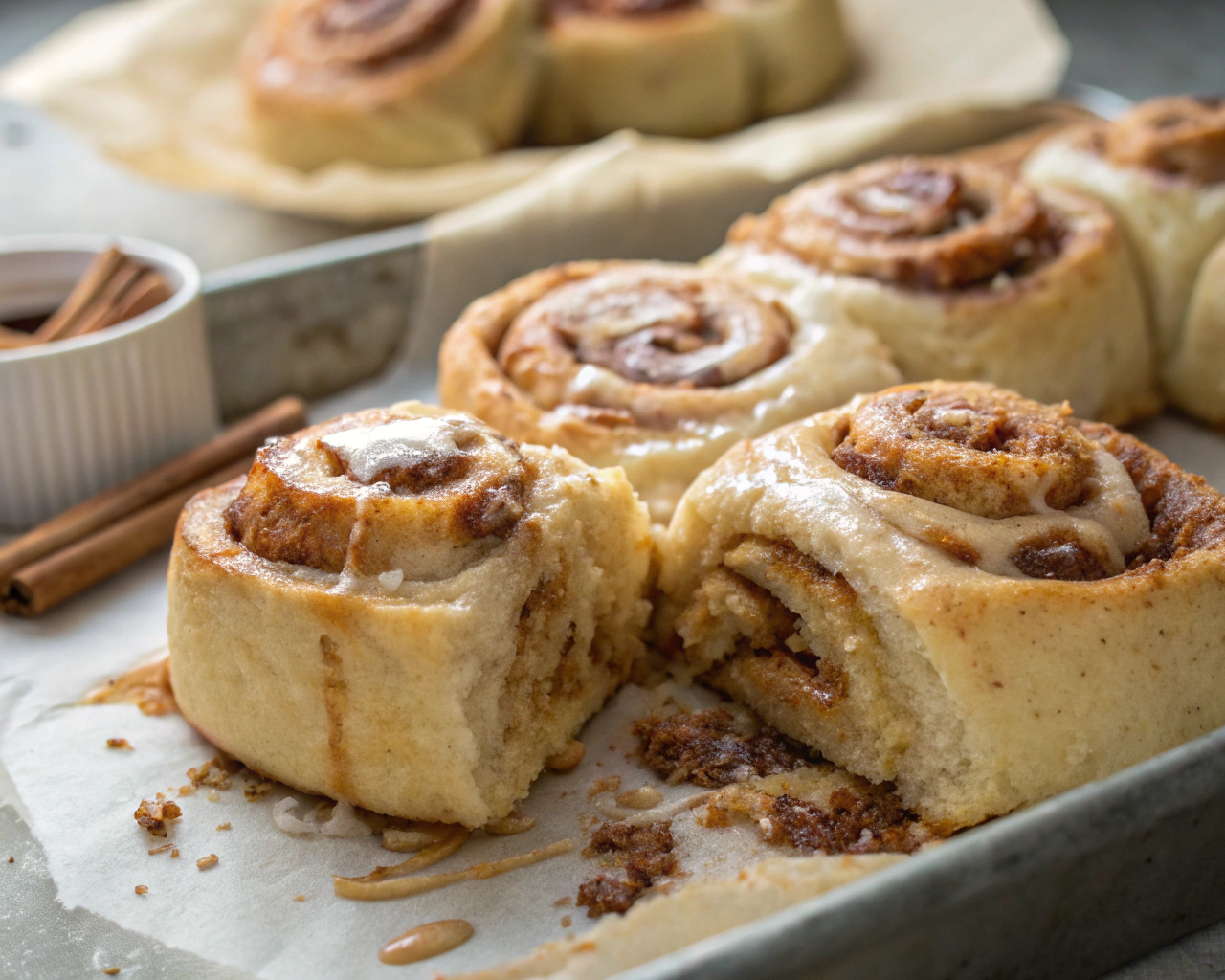 A stack of freshly baked vegan sourdough cinnamon rolls with gooey cinnamon filling and creamy maple glaze, served on a rustic wooden board.