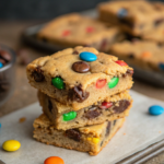 A close-up shot of a stack of M&M cookie bars, showcasing their soft, chewy texture with vibrant M&Ms and melted chocolate chips in each bite. Warm lighting enhances the cozy feel, with a blurred background for depth