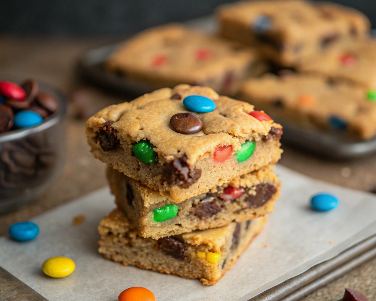 A close-up shot of a stack of M&M cookie bars, showcasing their soft, chewy texture with vibrant M&Ms and melted chocolate chips in each bite. Warm lighting enhances the cozy feel, with a blurred background for depth