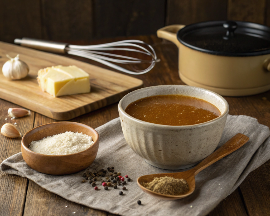 A ladle pouring rich, brown gravy over mashed potatoes, with steam rising for a warm, comforting feel.